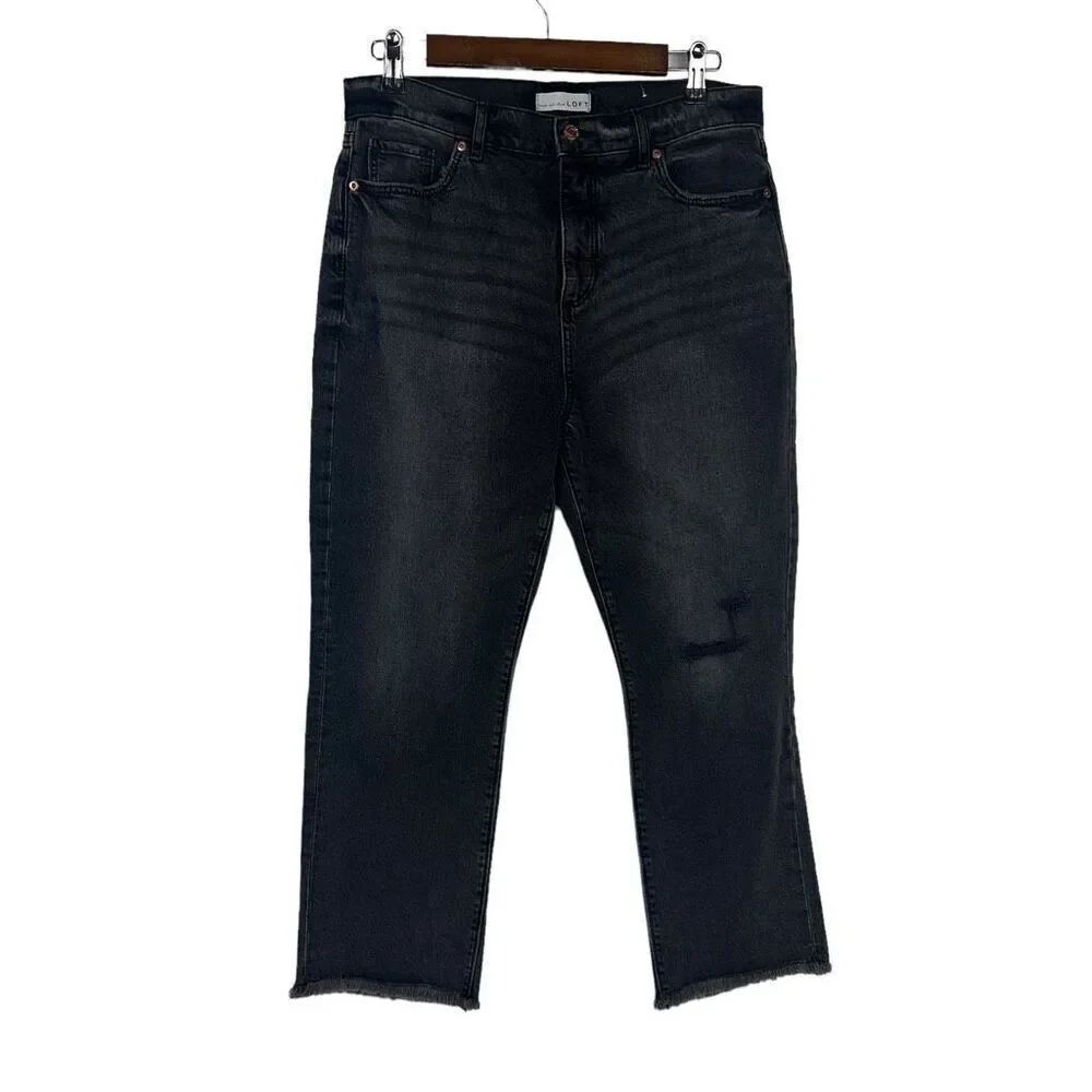 Loft Destructed High Rise Straight Crop Jeans in Washed Black Size 10/30 Petite